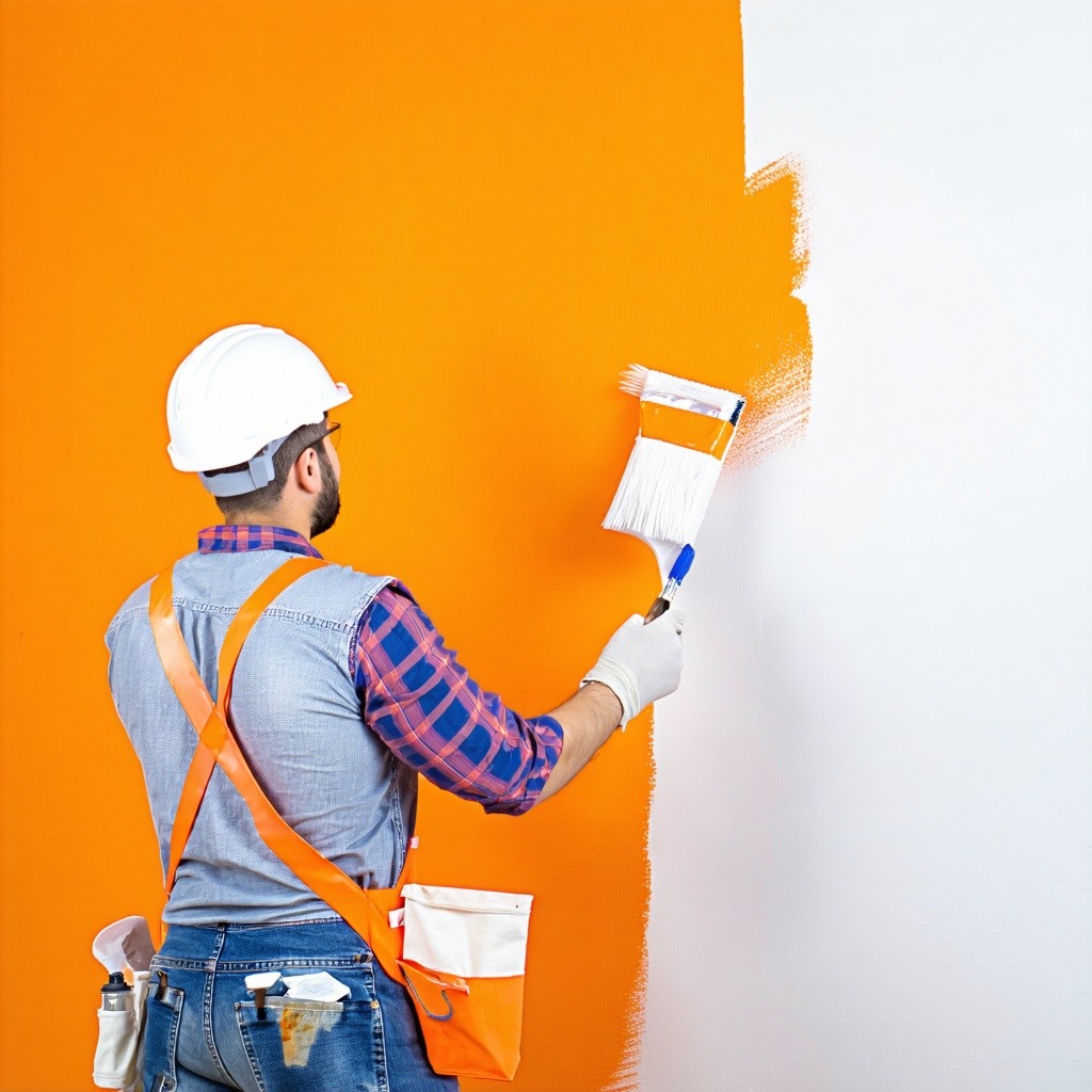 Tecnico profesional con chaleco naranja pintando pared-1