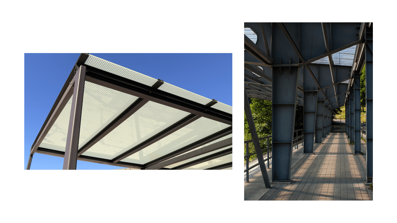 Dos estructuras metálicas: una cubierta moderna y una pasarela industrial, mostrando la robustez y calidad de las construcciones metálicas diseñadas y fabricadas profesionalmente.
