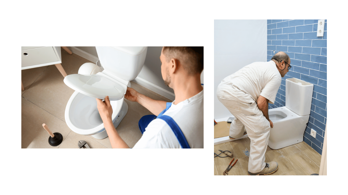 Técnicos instalando y reparando inodoros. Uno ajusta la tapa de un inodoro, mientras otro instala un inodoro nuevo en un baño con azulejos azules.