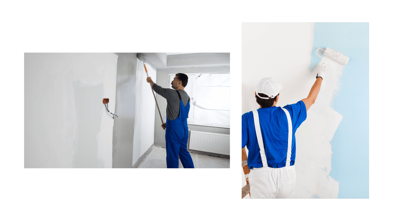 Dos pintores profesionales aplicando pintura blanca en paredes interiores. El primer pintor utiliza un rodillo de mango largo en una habitación con ventanas protegidas, mientras que el segundo pintor, vestido con un uniforme azul y blanco, aplica pintura a otra pared.