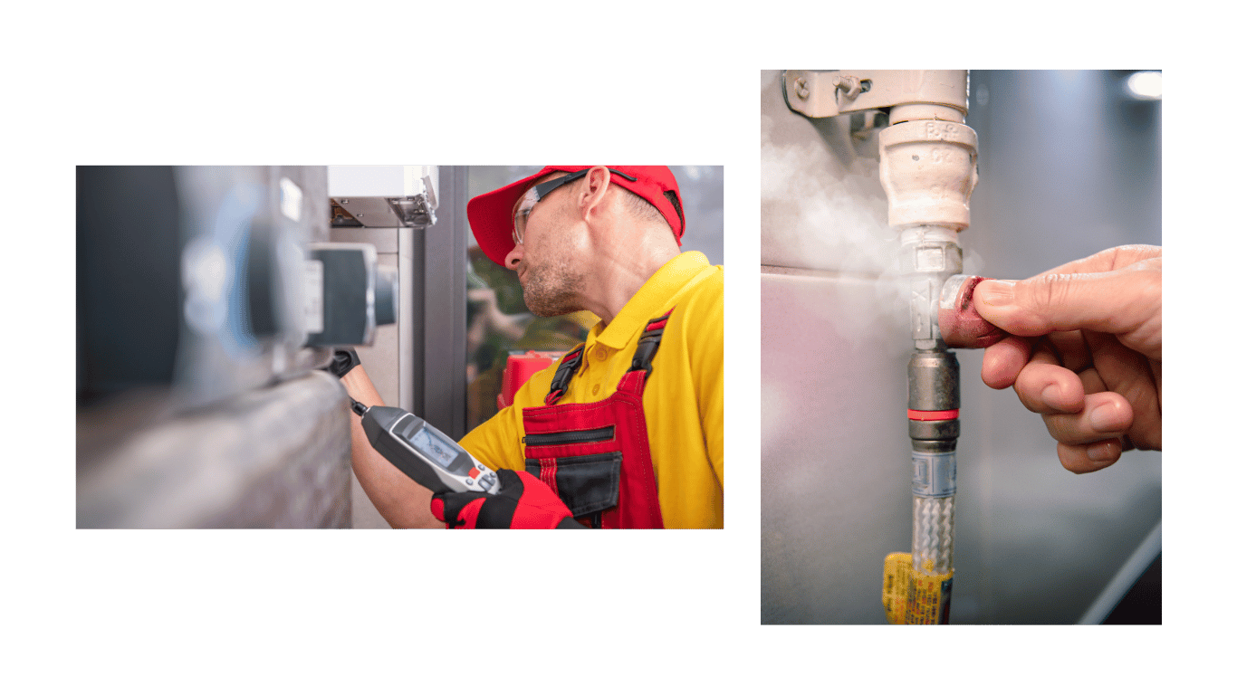 Técnico detectando una fuga de gas con un dispositivo especializado y una mano ajustando una conexión de gas con una fuga visible.