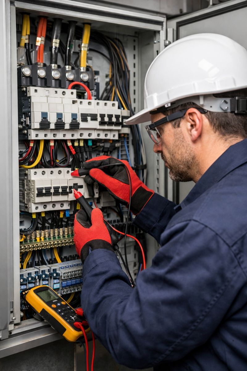 Electricista haciendo mantenimiento preventivo a un tablero