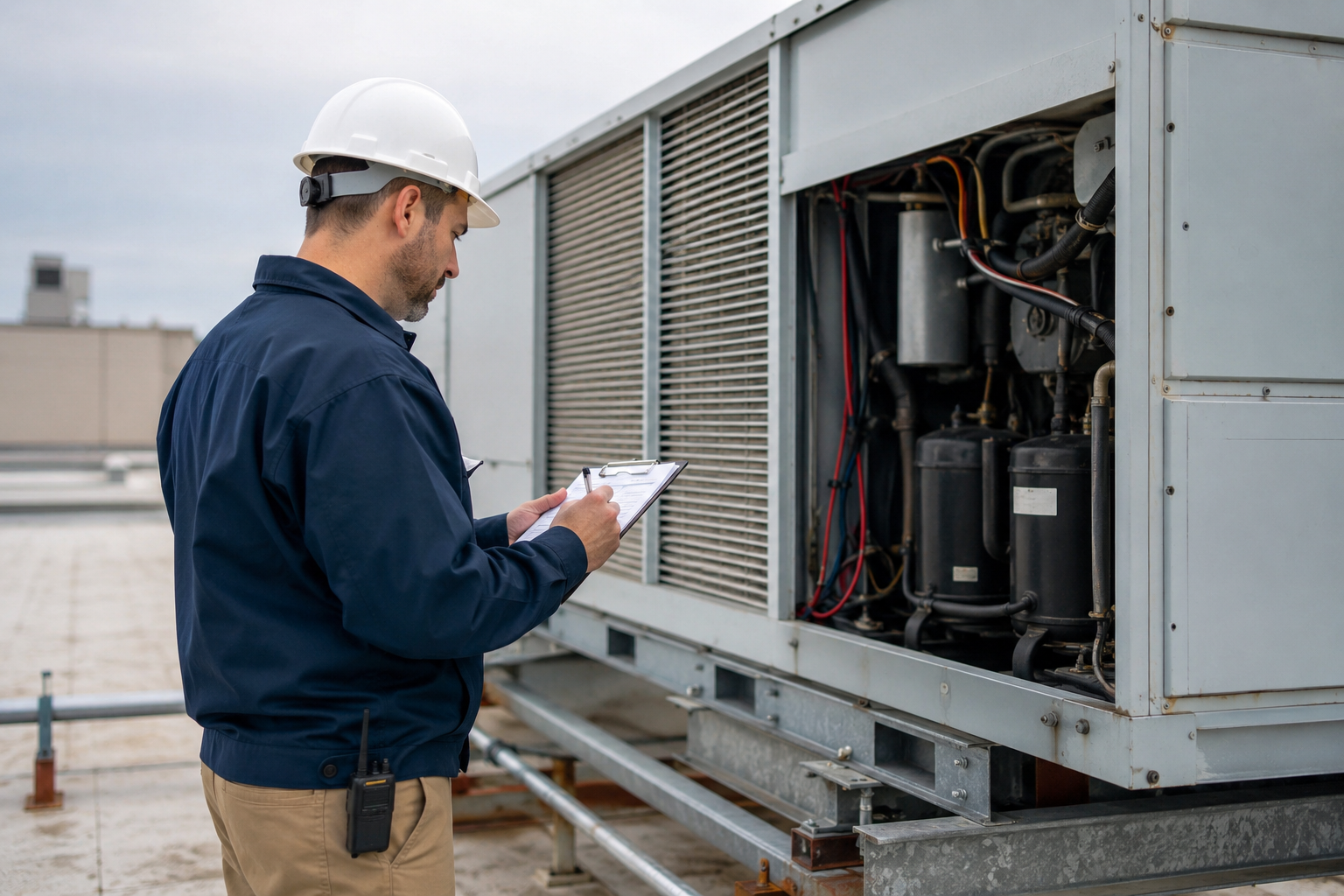 Técnico de HomePro realizando mantenimiento en general en las instalaciones de un edificio corporativo