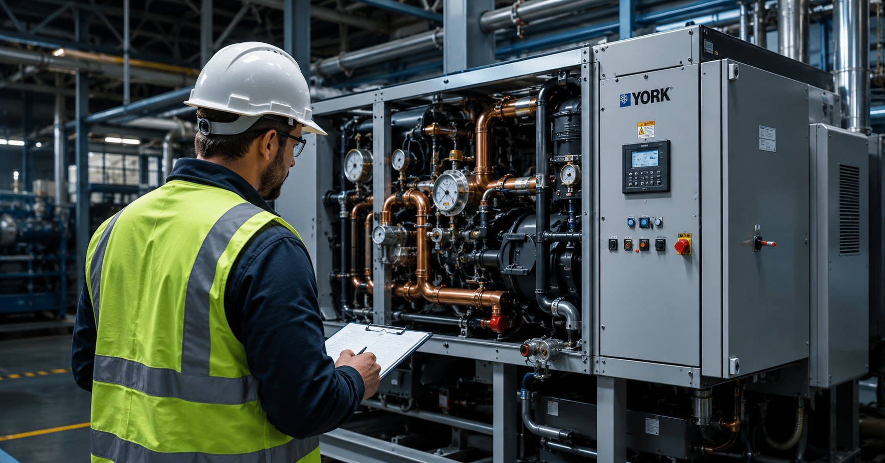 Técnico industrial con casco y chaleco de seguridad inspeccionando un chiller industrial de gran tamaño dentro de una planta de manufactura. El sistema muestra tuberías de cobre, manómetros, válvulas y paneles eléctricos bajo iluminación dramática tipo industrial.