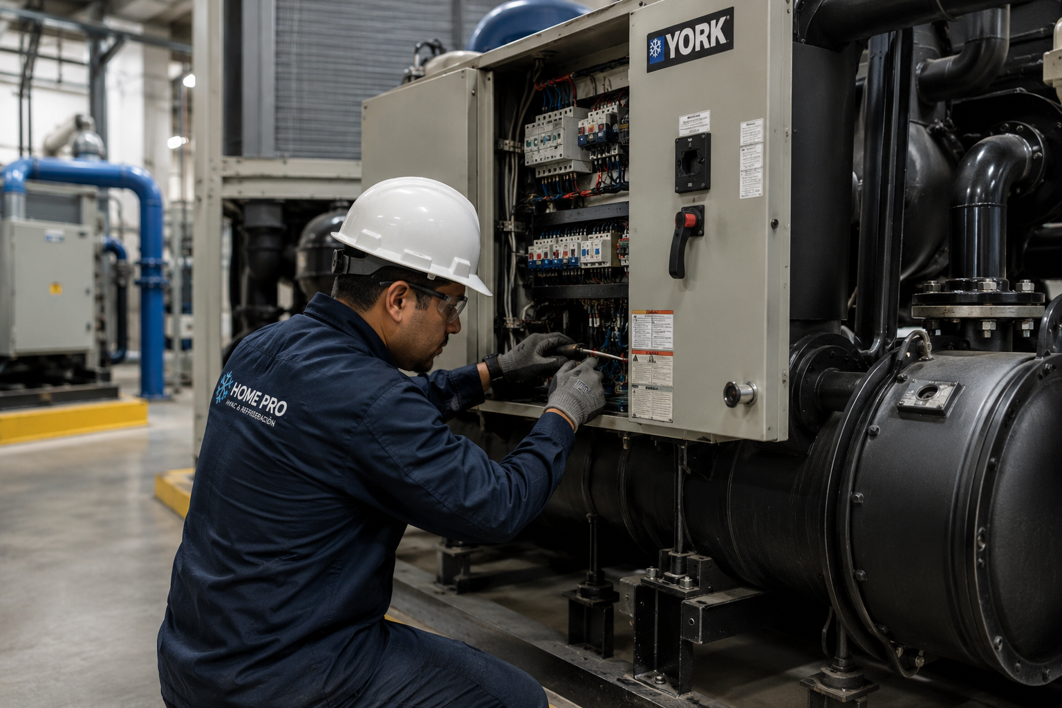 Técnico de HVAC industrial realizando mantenimiento correctivo en un chiller industrial dentro de una sala de máquinas, revisando el tablero eléctrico y componentes del sistema de refrigeración.