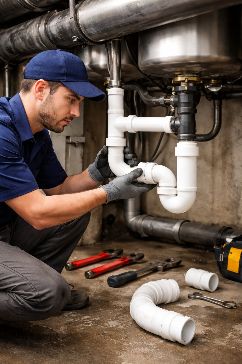 Técnico reemplazando tubería de drenaje PVC en instalación industrial con tuberías metálicas expuestas