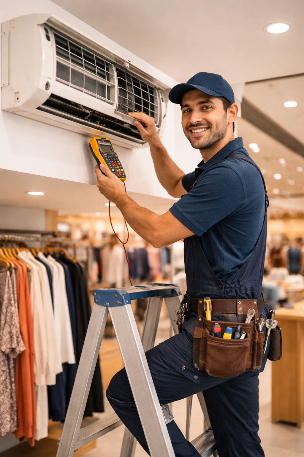 Técnico de mantenimiento revisando y dando servicio a un minisplit dentro de una tienda de ropa en un centro comercial.
