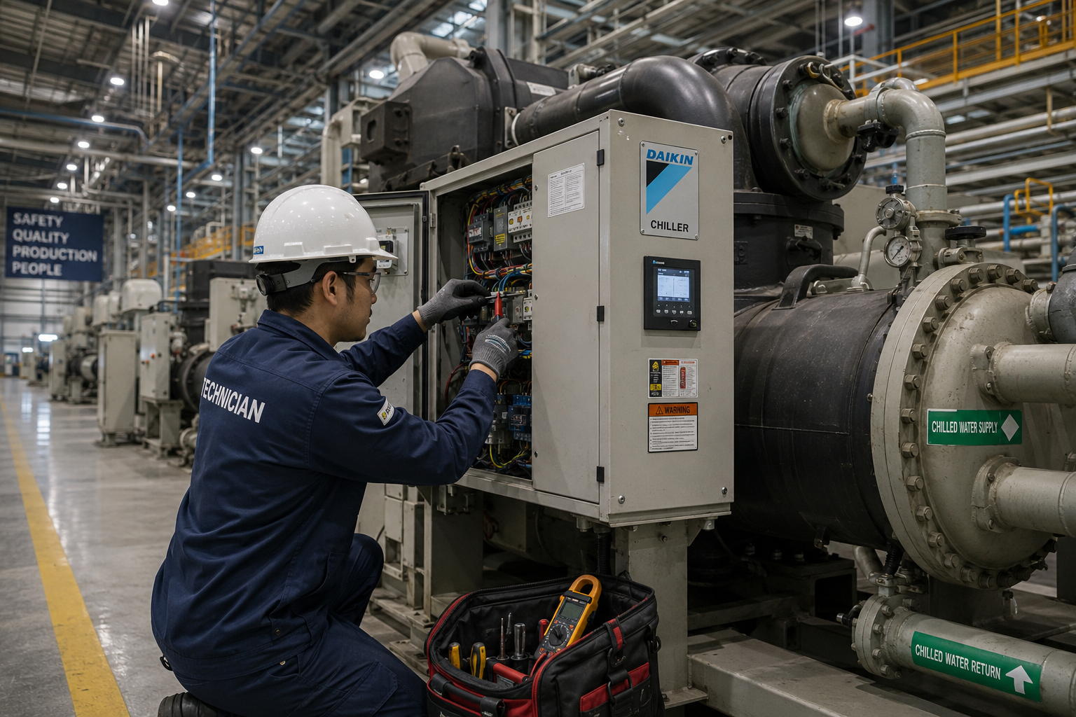 écnico realizando mantenimiento y diagnóstico a unidad chiller industrial dentro de una fábrica de gran escala, revisando componentes eléctricos y sistema de enfriamiento en entorno industrial.