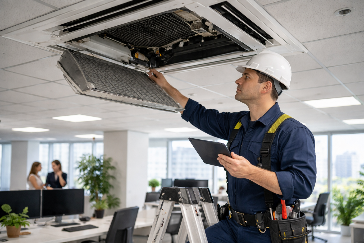 Técnico realizando mantenimiento a un aire acondicionado tipo cassette en el techo de una oficina corporativa.